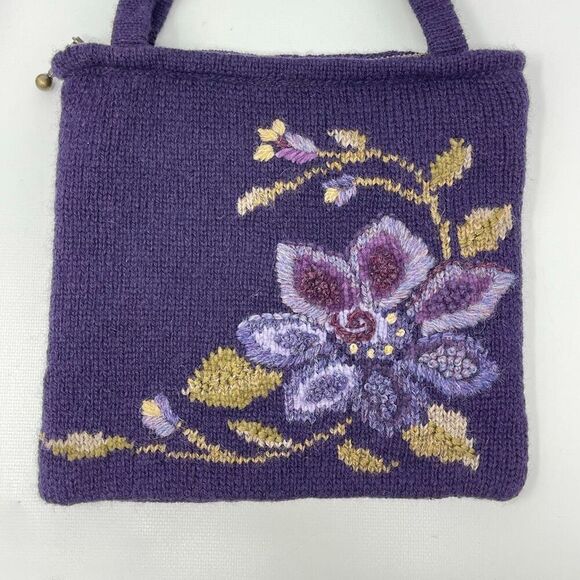 Icelandic Design Wool Blend Shoulder Bag Two Strap Purse Knitted Purple Floral - Picture 2 of 13